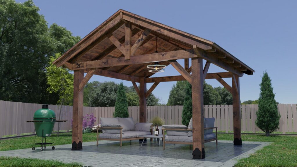 Timber pavilion under construction with workers assembling a heavy timber frame in a sunny outdoor setting.
