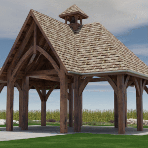 Custom timber pavilion with open gable design and exposed beams, tailored for backyard entertaining and year-round use.