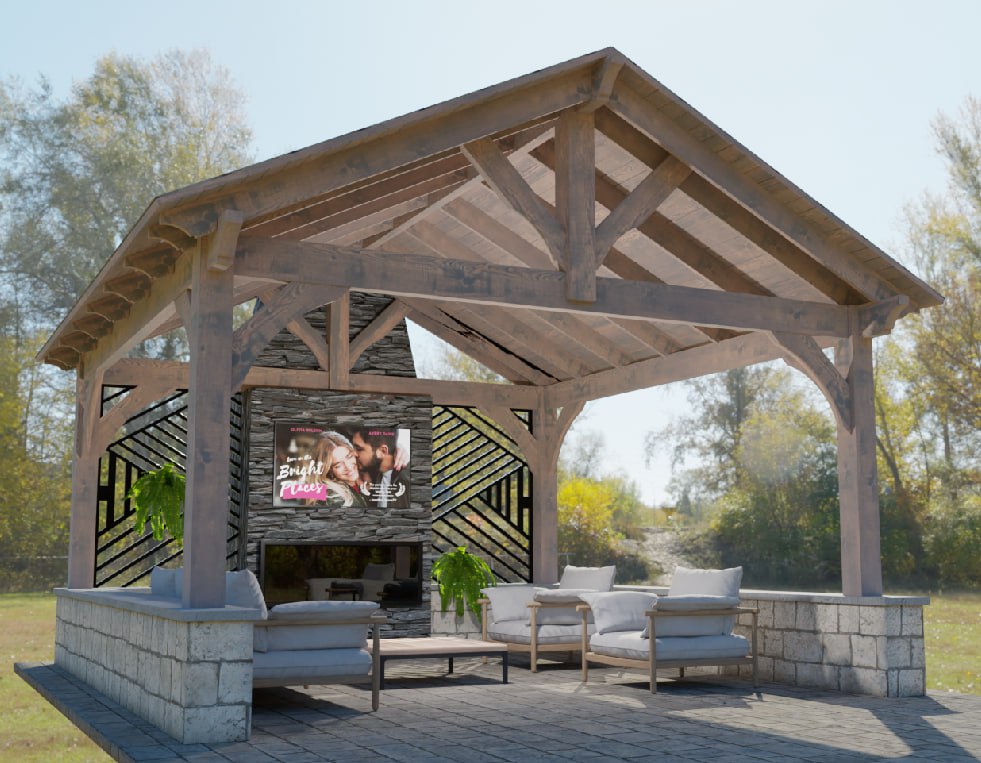 On-site timber pavilion construction showing structural beams being assembled in a residential outdoor setting.