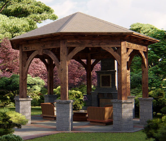 Custom timber gazebo with decorative trusses and a square roof, designed for elegant backyard installations.