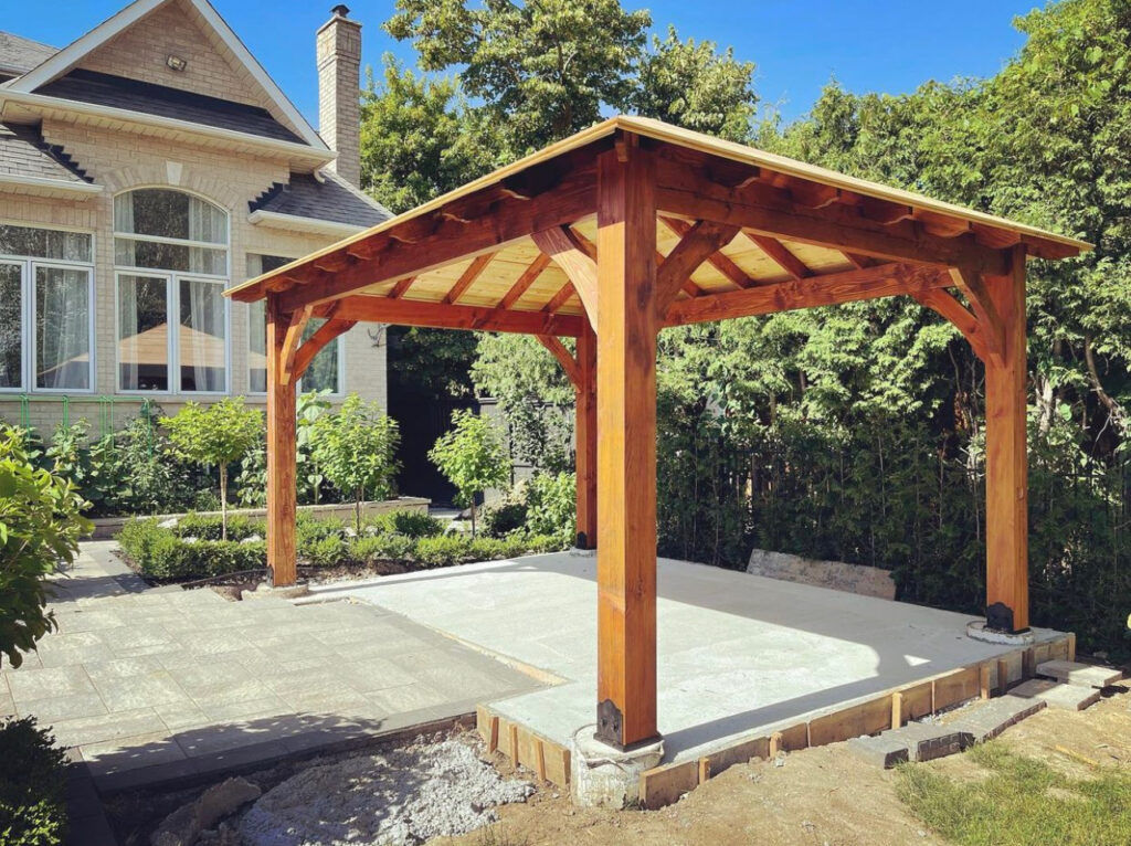 Hip roof timber structure detail showing angled roof design suited for outdoor pavilions and covered spaces.