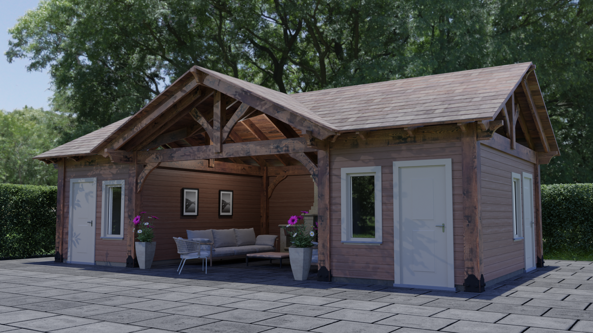 Architectural rendering of a custom timber frame gazebo with hip roof design, created for a client-specific outdoor layout.