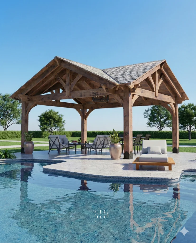 Timber pergola featuring handcrafted beams and clean architectural lines, surrounded by a well-manicured backyard.