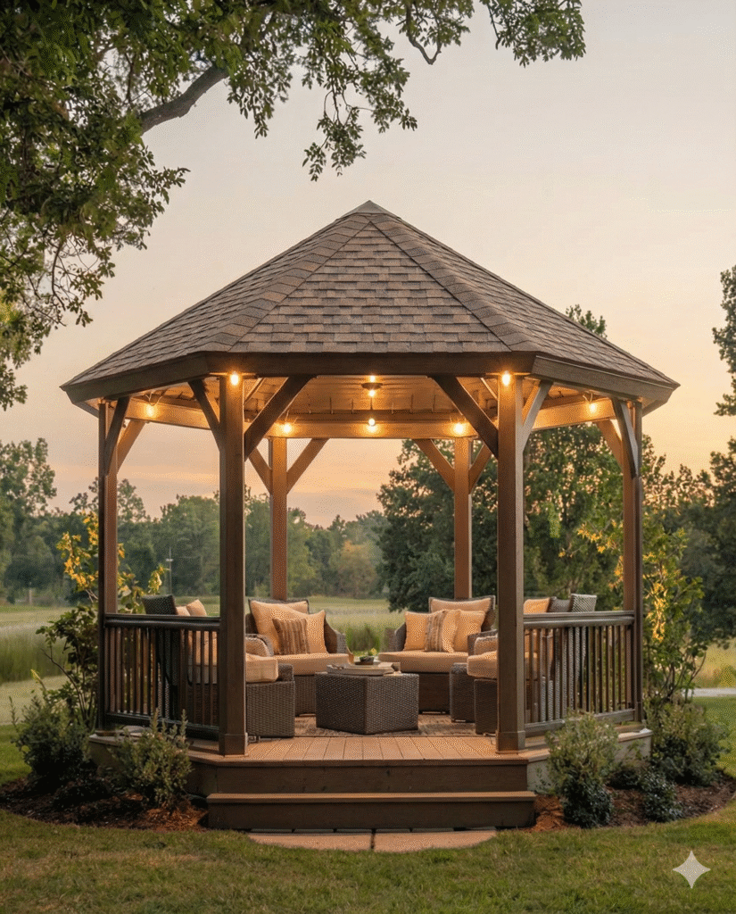 Custom timber frame gazebo with a steep pitched roof and exposed beams, set on a stone patio surrounded by greenery.