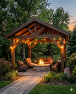 Timber frame pavilion in a garden setting at twilight with soft landscape lighting highlighting the natural wood structure.