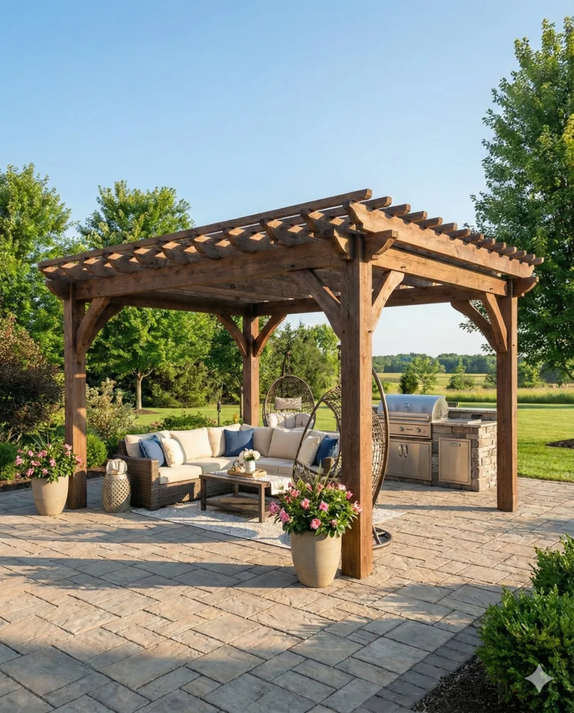 Backyard patio with a timber pergola providing shade over an outdoor seating area with potted plants and string lights.