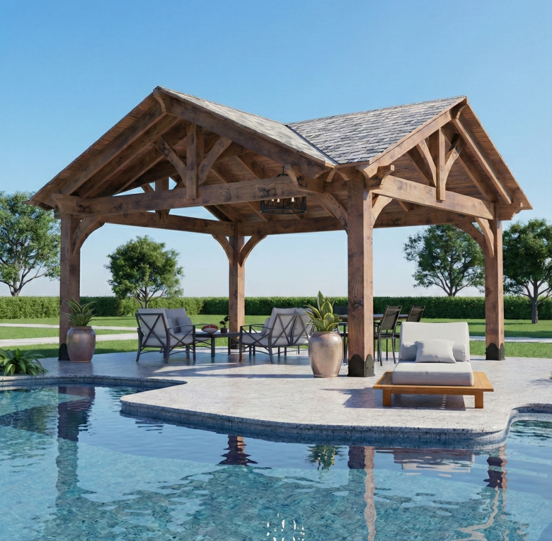 Modern timber pergola set in a backyard, showcasing elegant wood joinery and open-slat roof design.