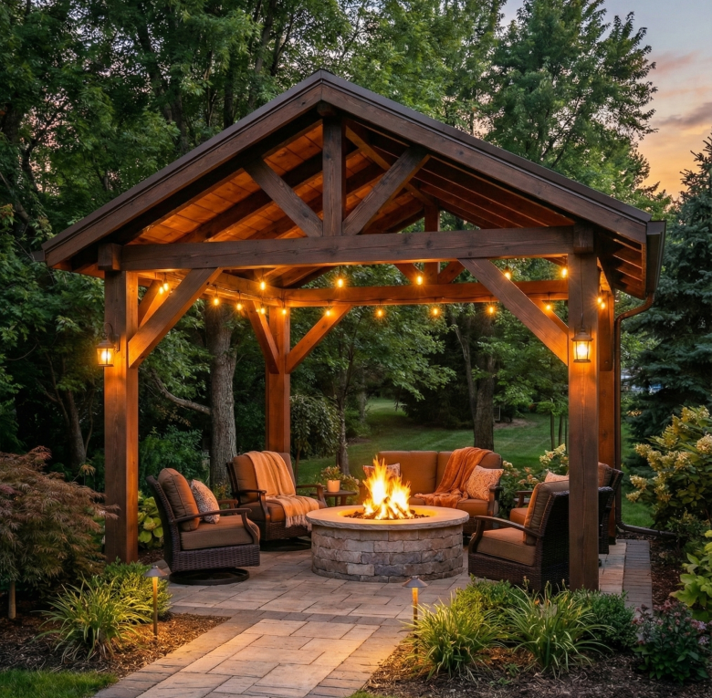 Twilight view of a timber pavilion in a landscaped garden, with warm lighting enhancing the natural wood grain.